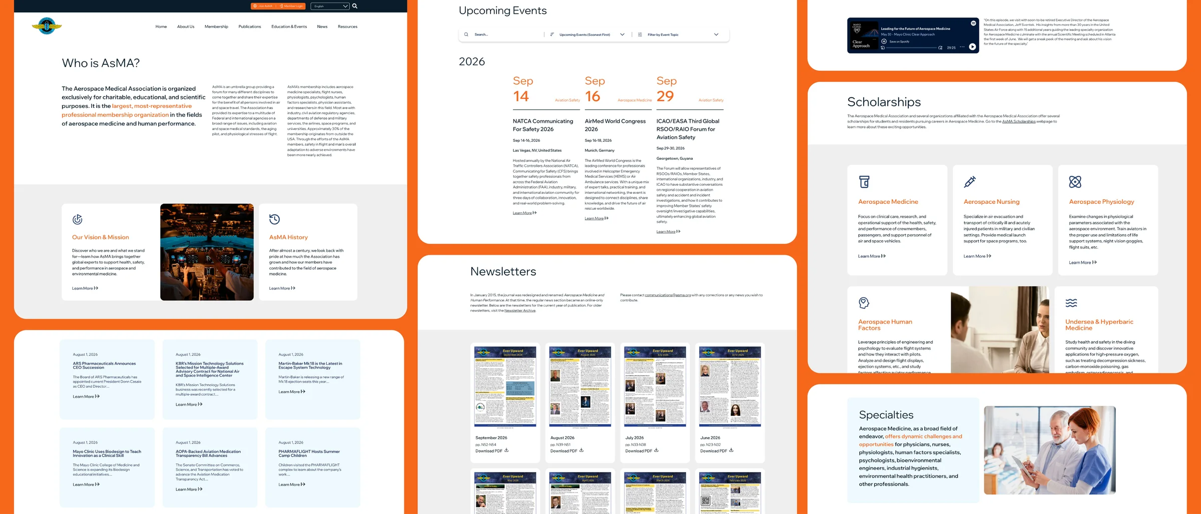 AsMA interior pages on an orange field: about, events, newsletters, scholarships, and specialties