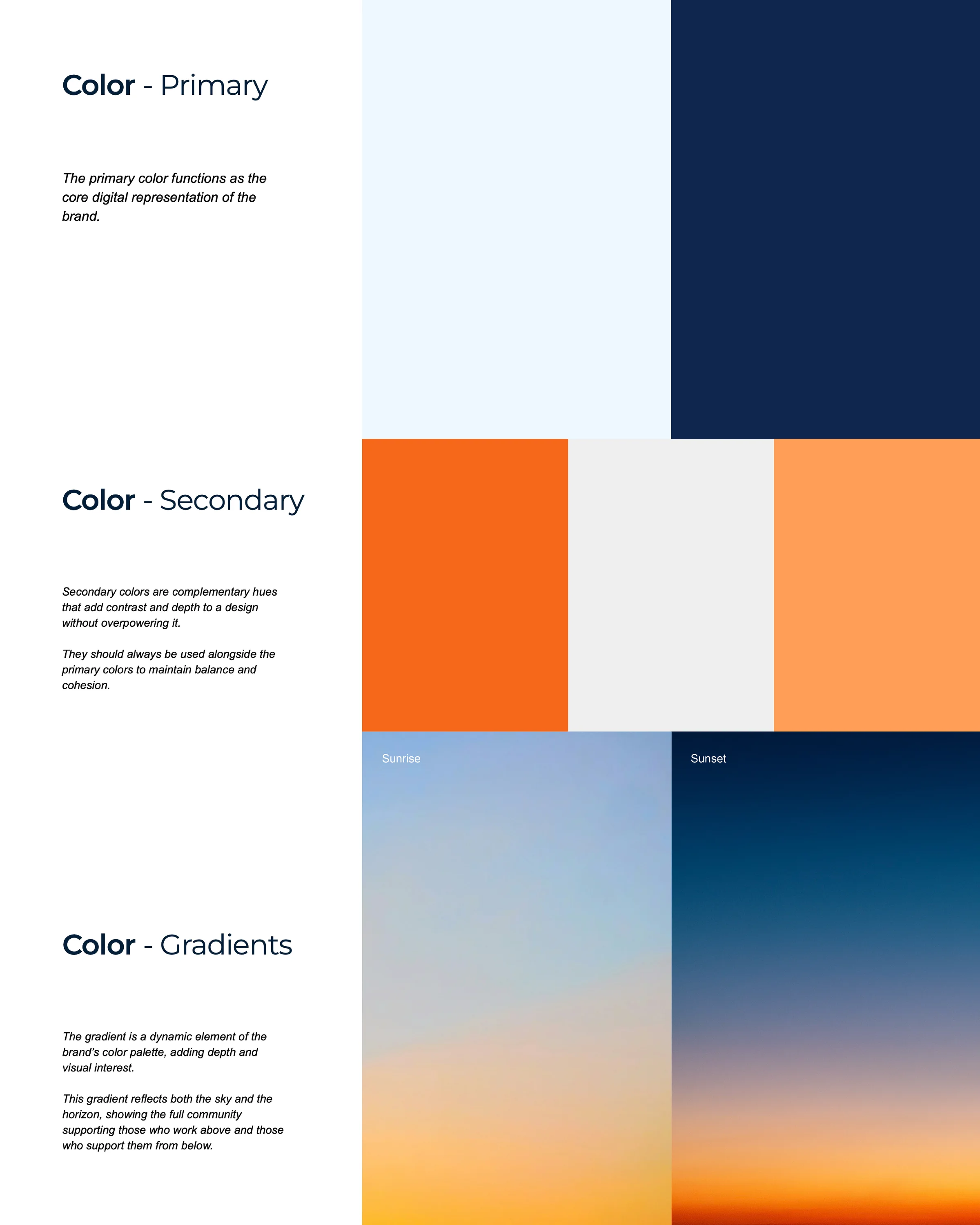 Color system: primary navy and light blue, secondary orange, and the sunrise and sunset gradients