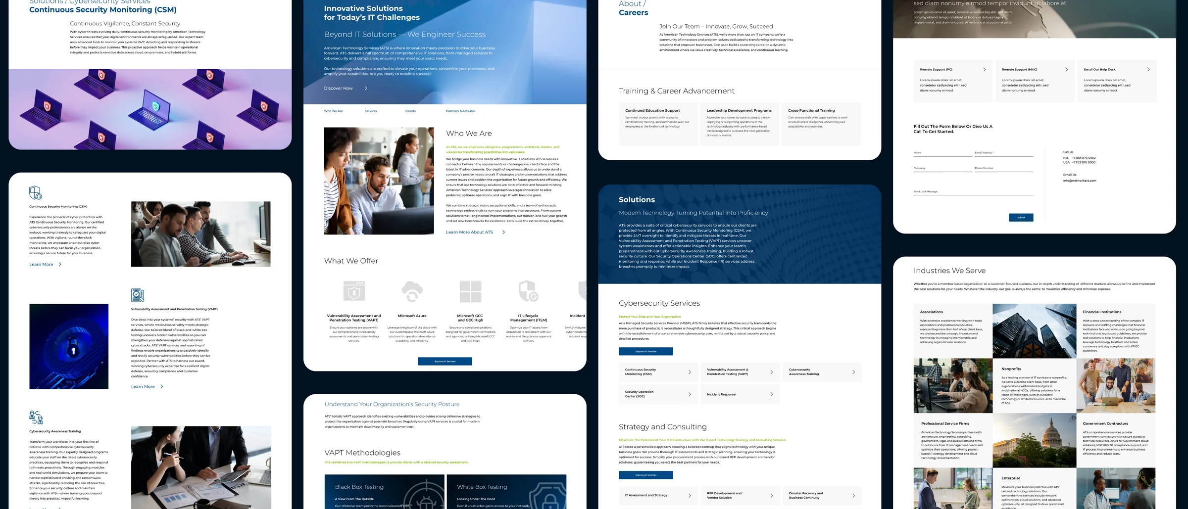 ATS website pages on a navy field: solutions, careers, industries, and contact