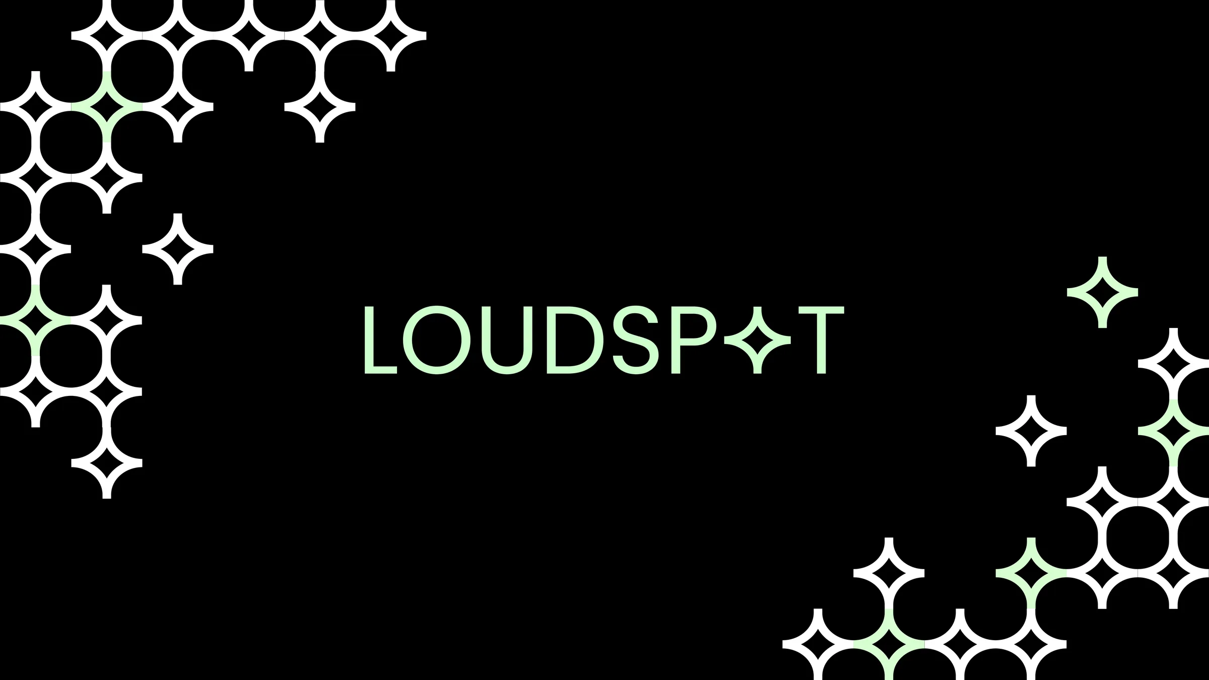 LoudSpot wordmark in mint on black, framed by the star-grid pattern