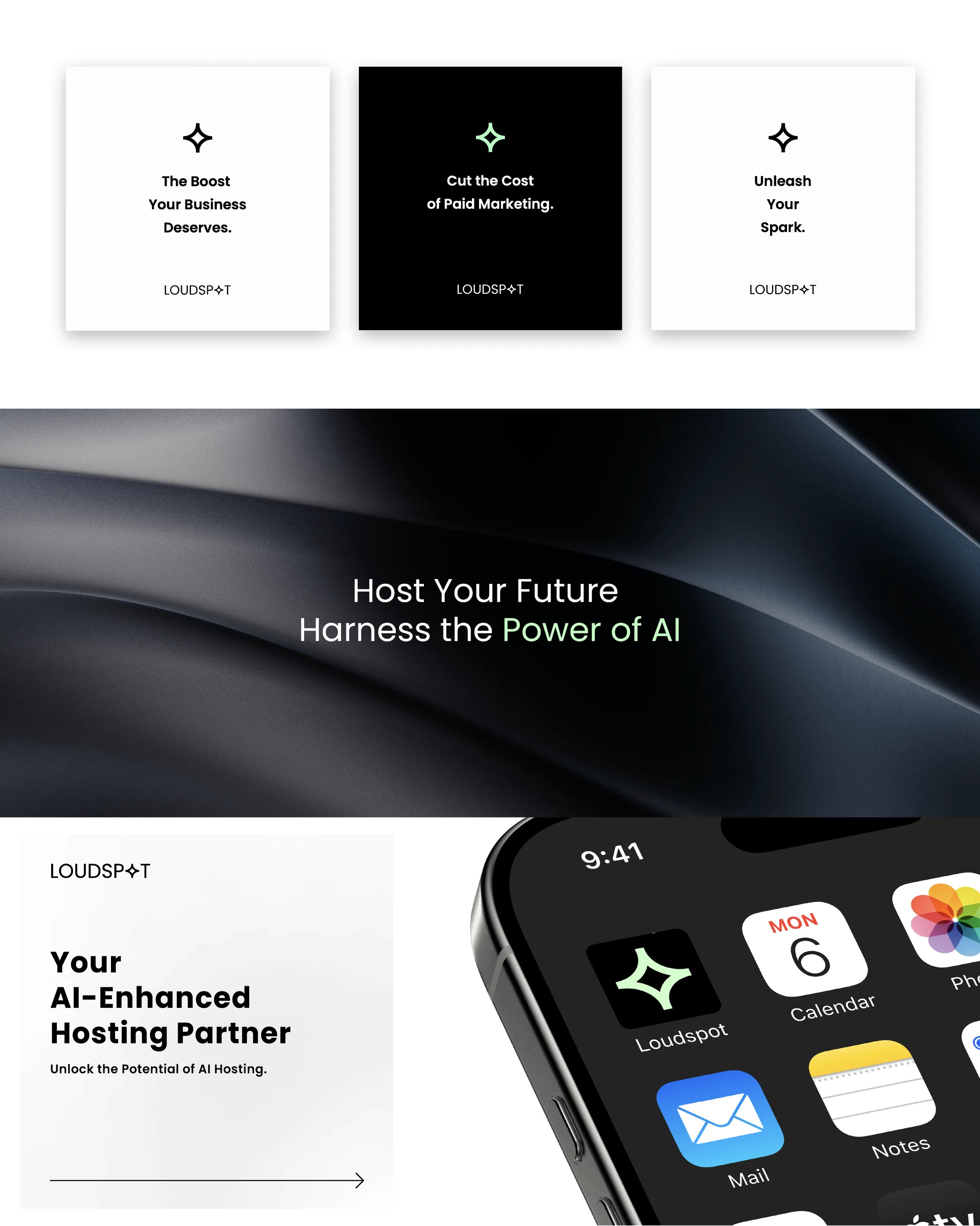 Social tiles, an AI hosting banner, and the LoudSpot app icon on an iPhone home screen