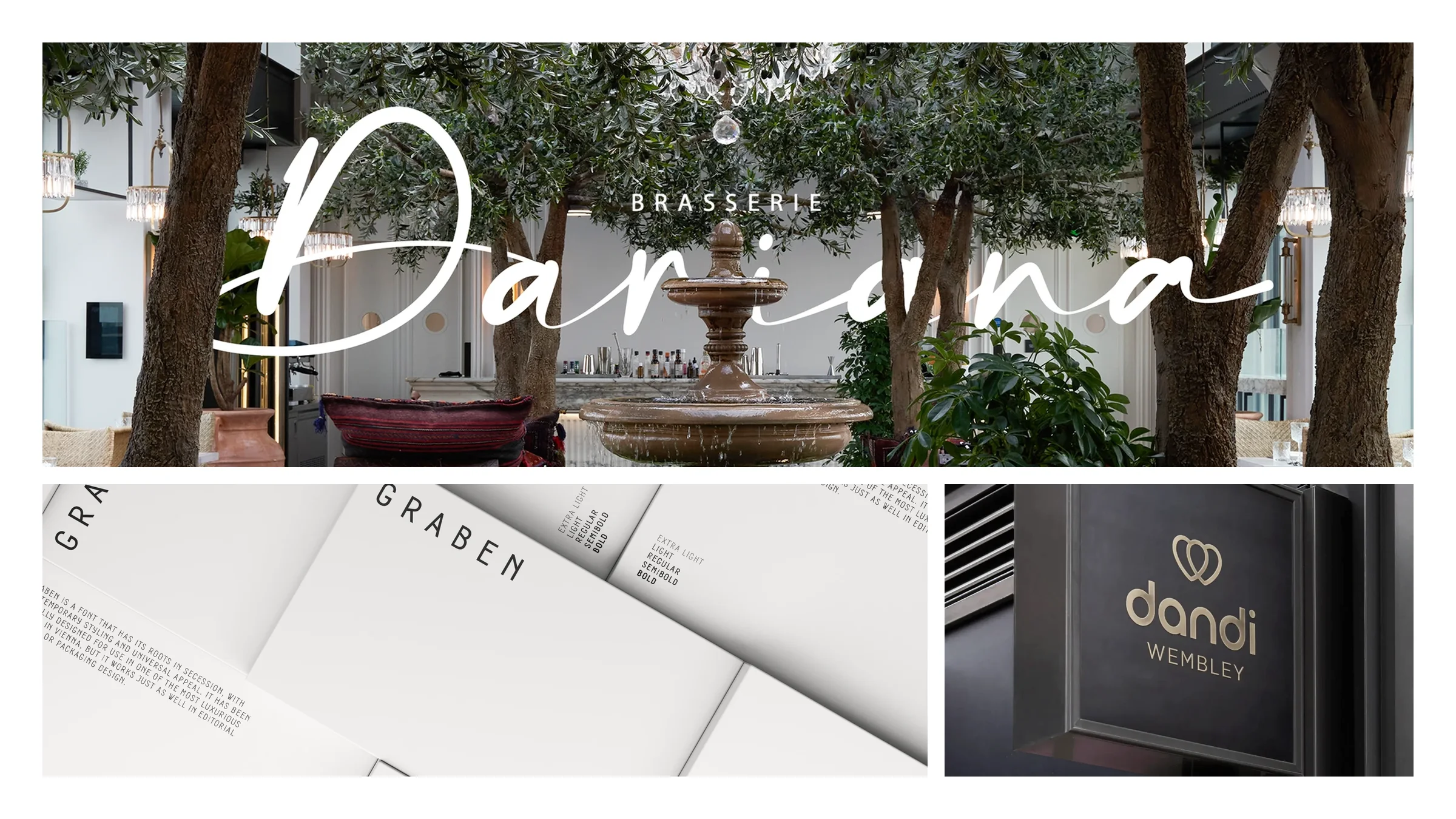 SVI Design projects: Brasserie Dariana, Graben print, and the dandi Wembley sign