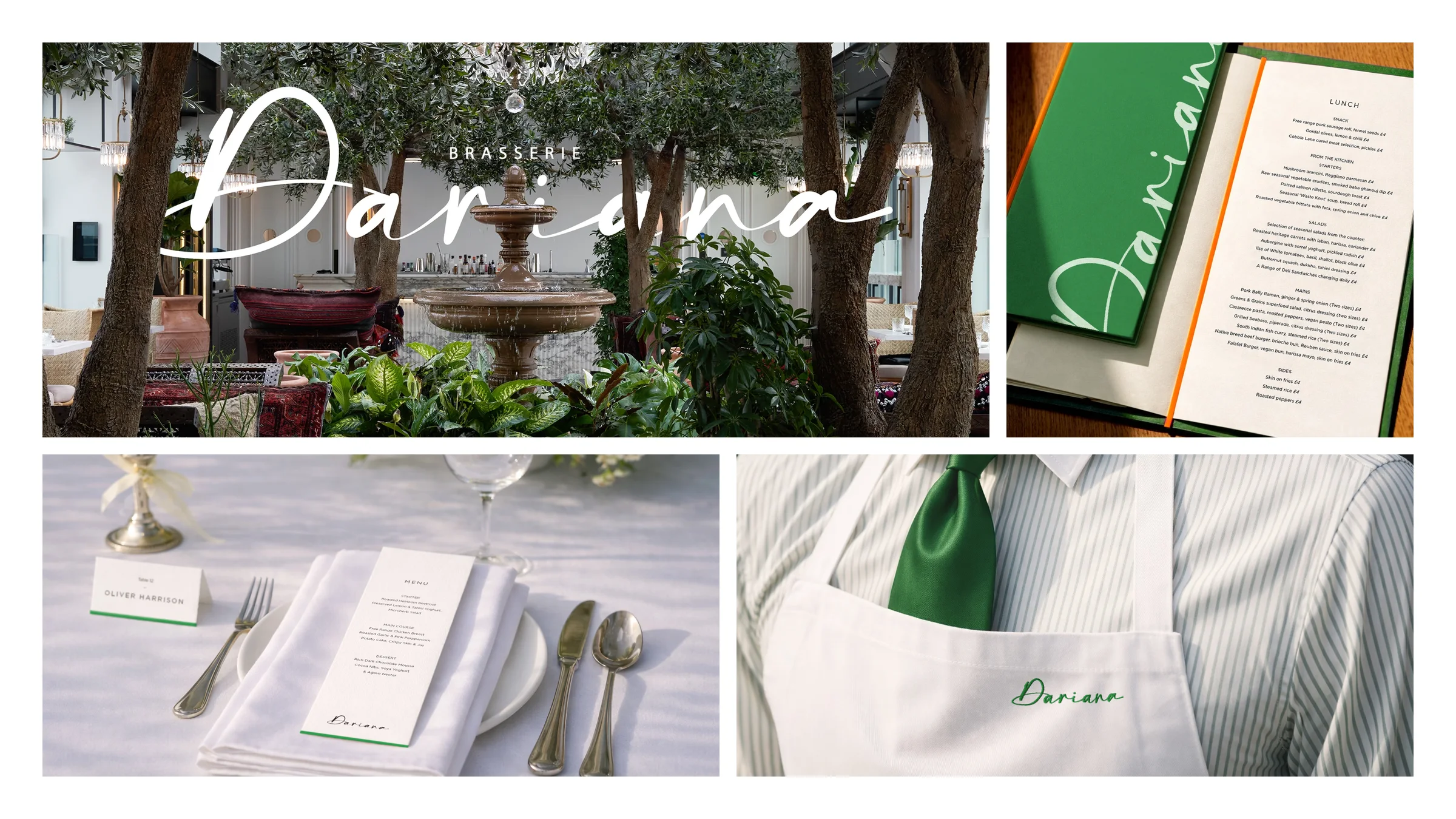 Brasserie Dariana: script logotype over the garden interior and menu applications