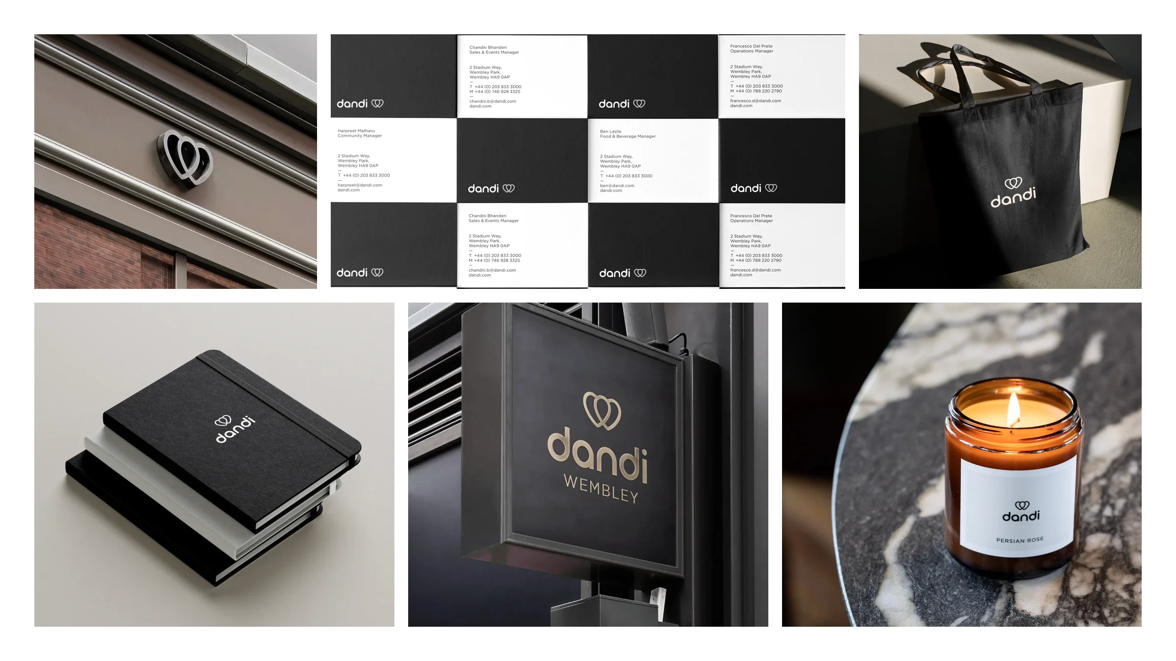 Dandi identity in the world: stationery system, exterior logo, tote, notebooks, and blade sign