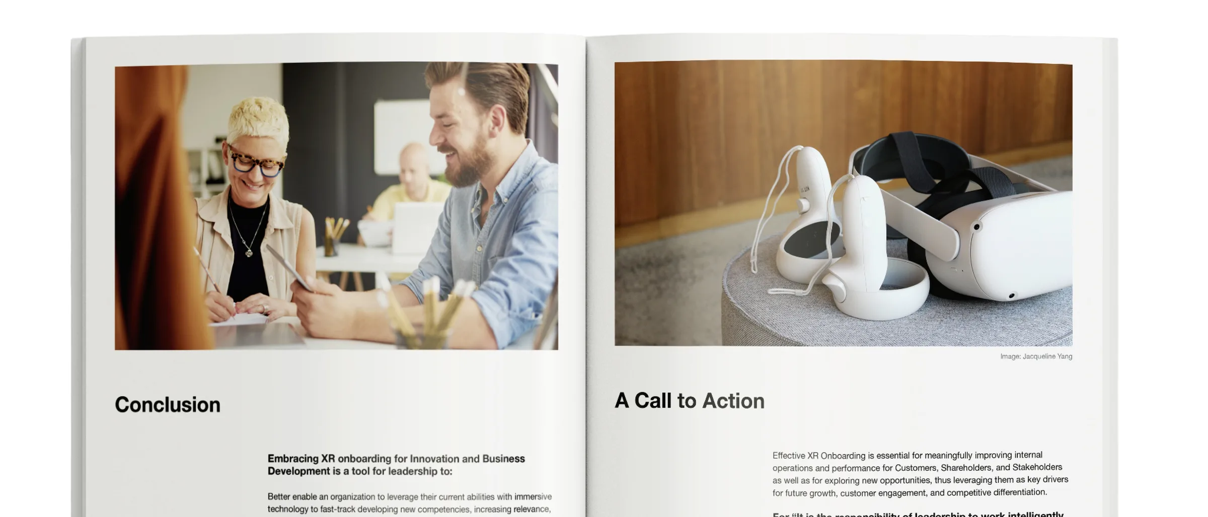Interior spread: Conclusion and A Call to Action pages with office and VR headset photography