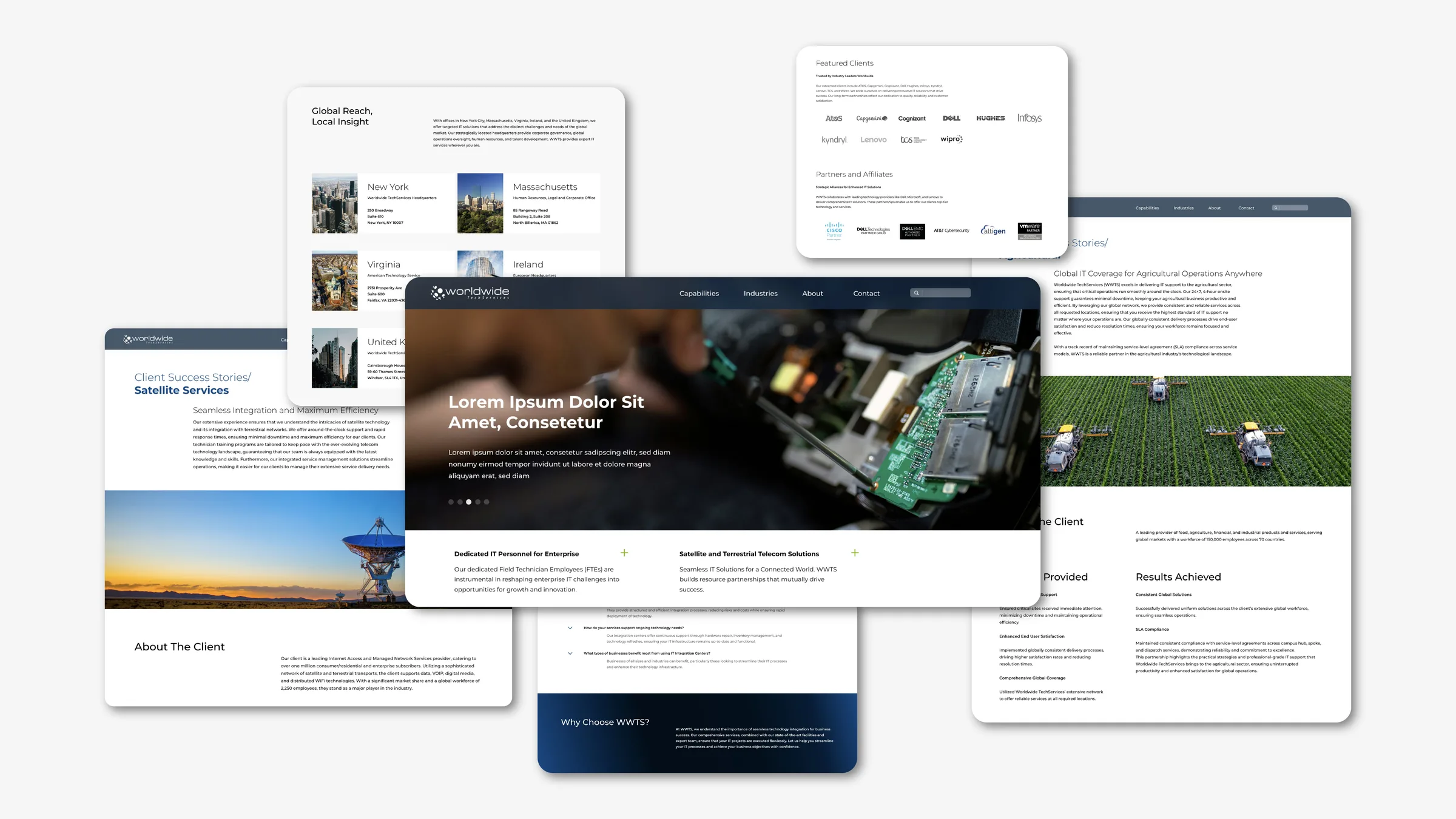 Worldwide TechServices website pages fanned across a light gray board