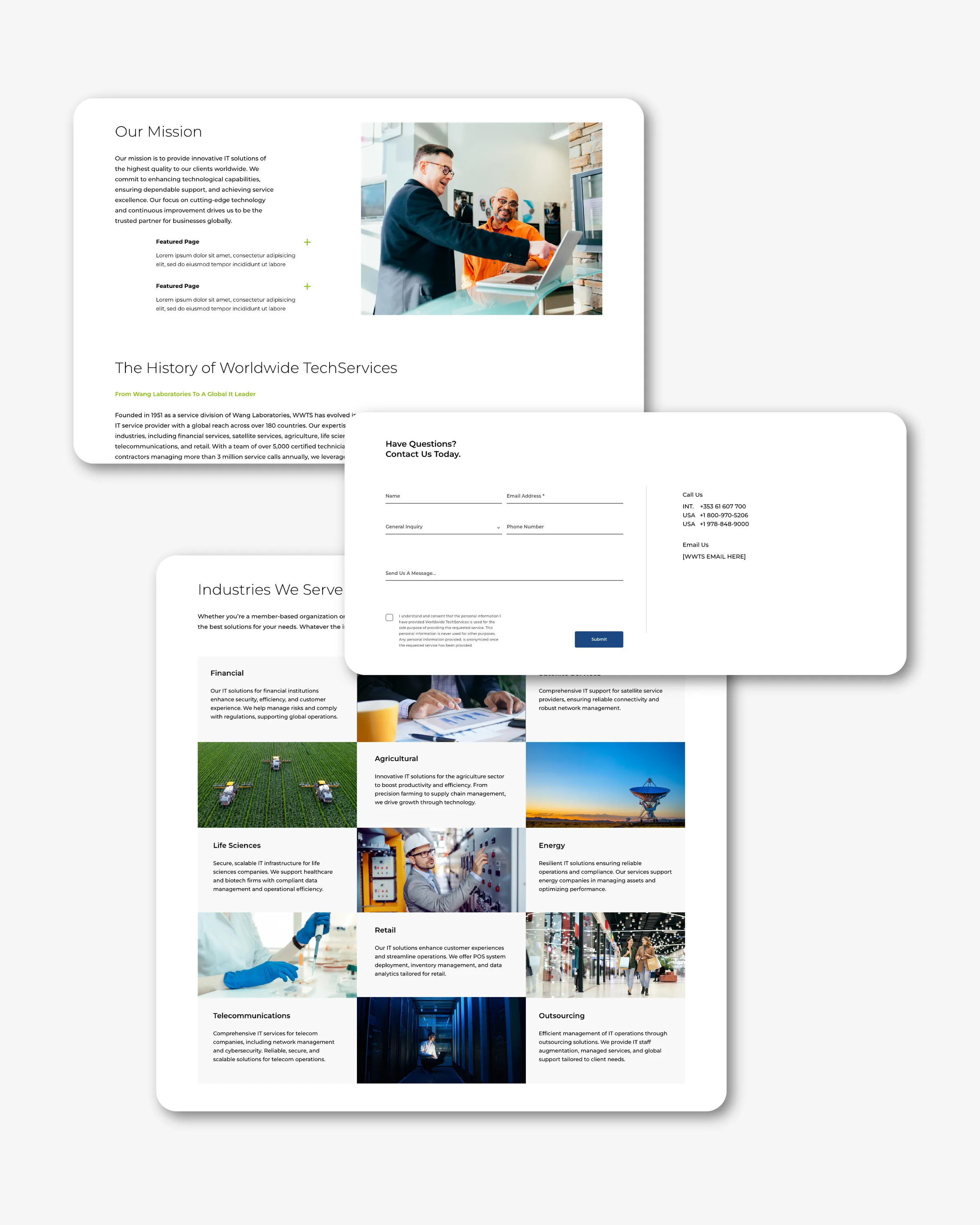 Mission and history page, the nine-industry grid and the contact form