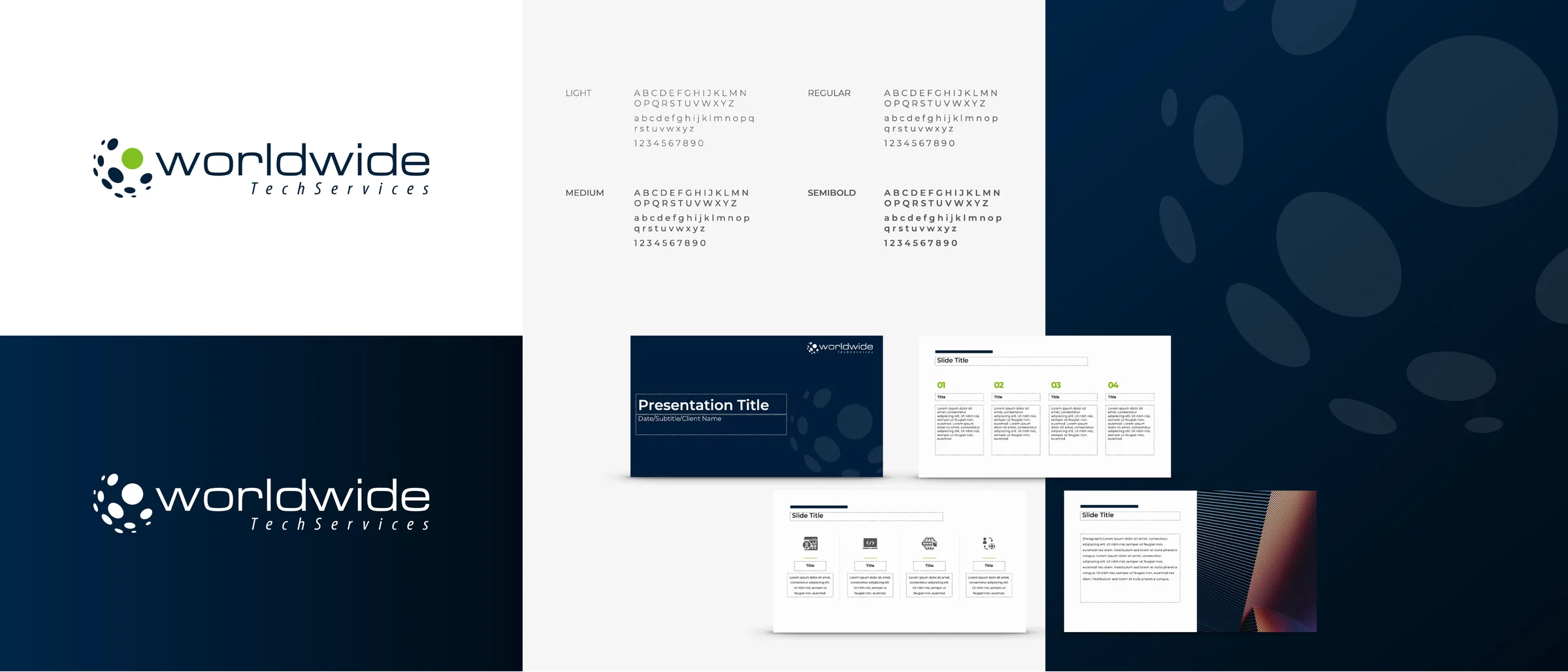 Brand guideline spread: primary and reversed logo, Montserrat type weights, dot-pattern field and presentation templates