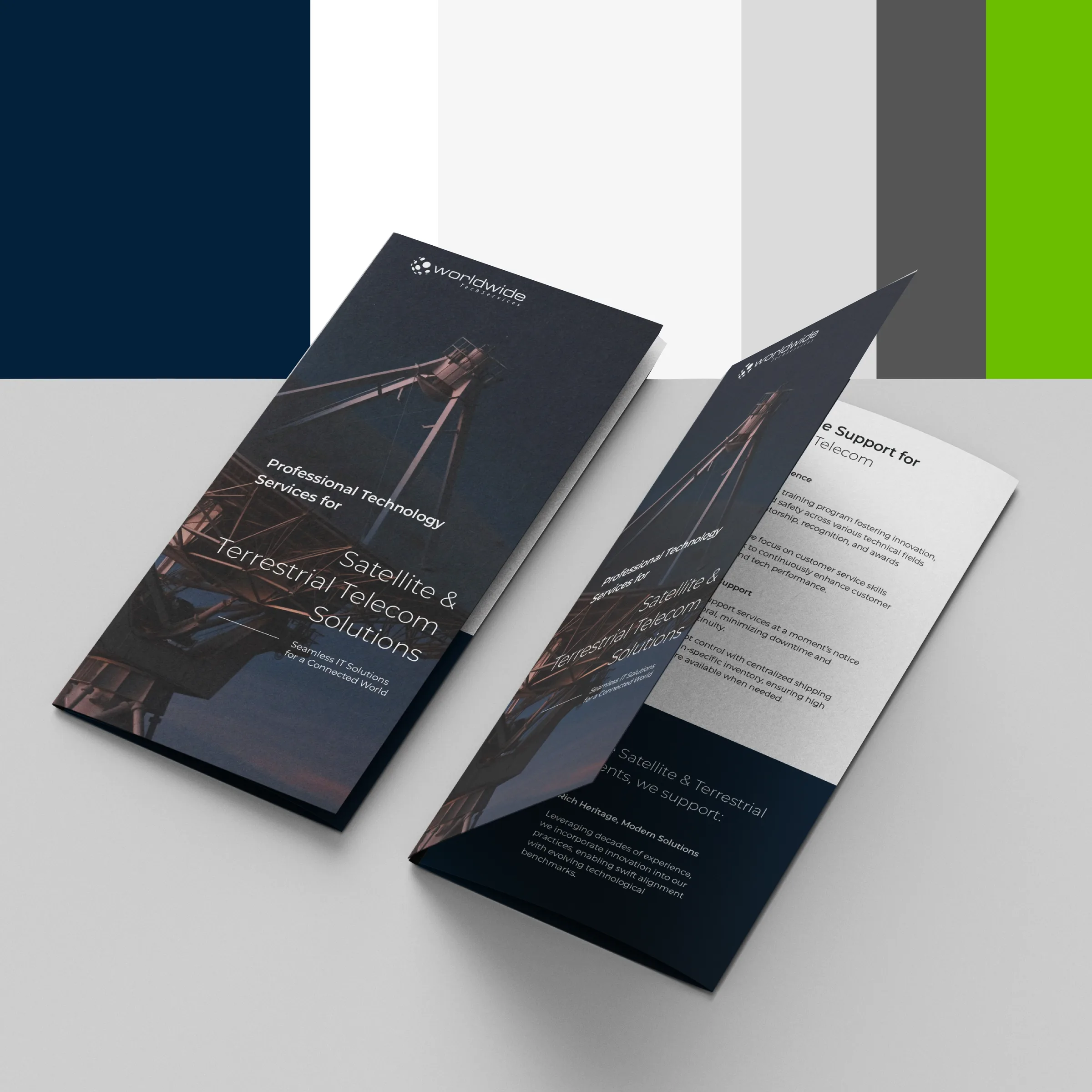 Trifold brochure for satellite and terrestrial telecom services beside the six-color palette